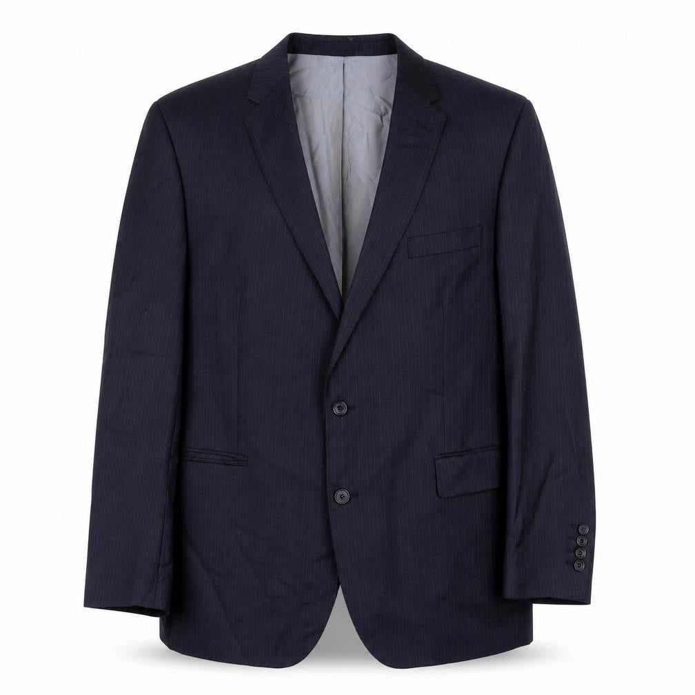 Front view of Samuel Windsor men’s blue striped wool jacket suit jacket, size 46, regular