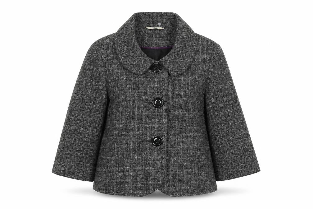 Front view of Editions women’s black pea coat coat, size UK 12, button