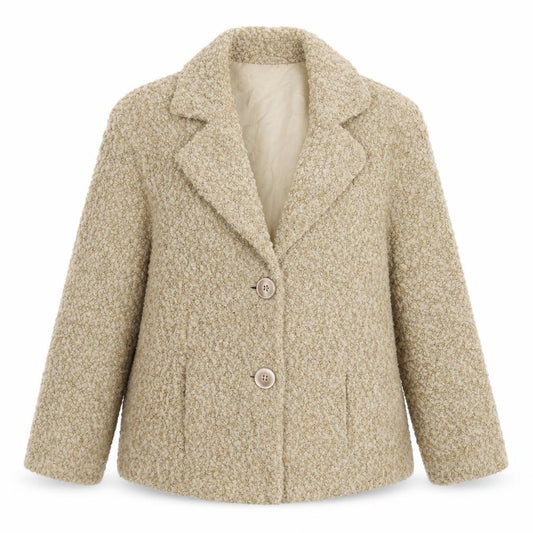 Front view of EWM women’s beige jacket, size UK 12, button - textured