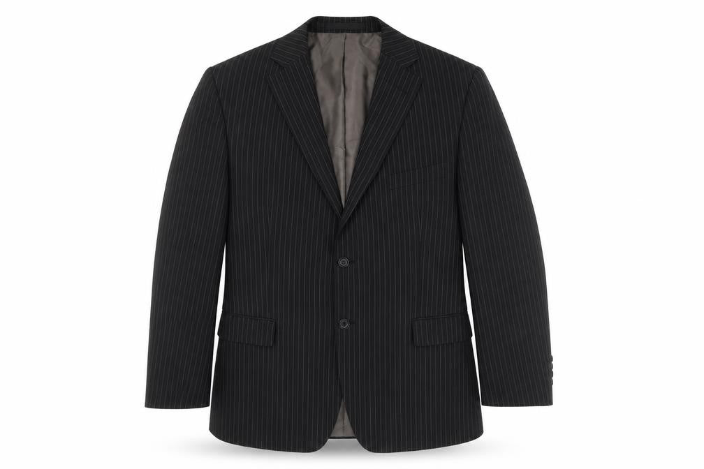 Front view of Marks & Spencer men’s black striped polyester jacket suit jacket, size 44, regular