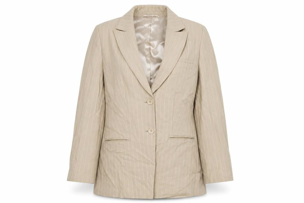 Front view of Planet women’s beige pinstripe viscose jacket blazer, size UK 12