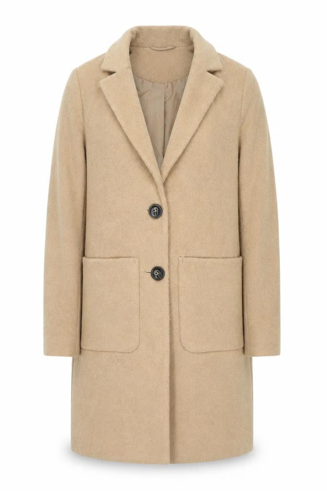 Front view of New Look women’s beige overcoat coat, size UK 6, button