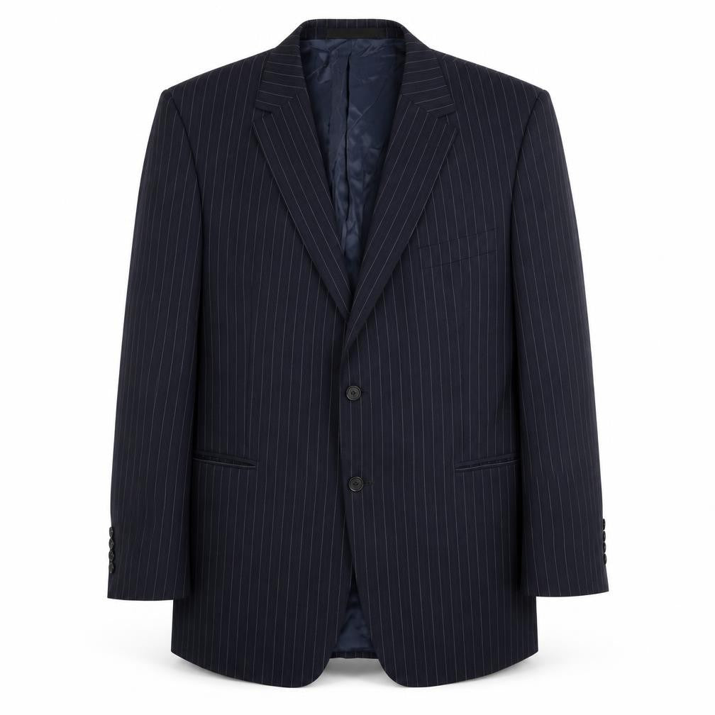 Front view of Marks & Spencer men’s blue striped wool jacket suit jacket, size 44, regular