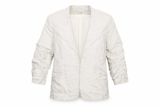 Front view of H&M women’s beige jacket, size UK 12, hook & eye - rouched sleeve
