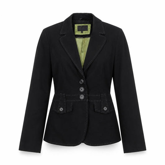 Front view of Next women’s black polyester jacket suit jacket, size UK 10, - stitch belt detail