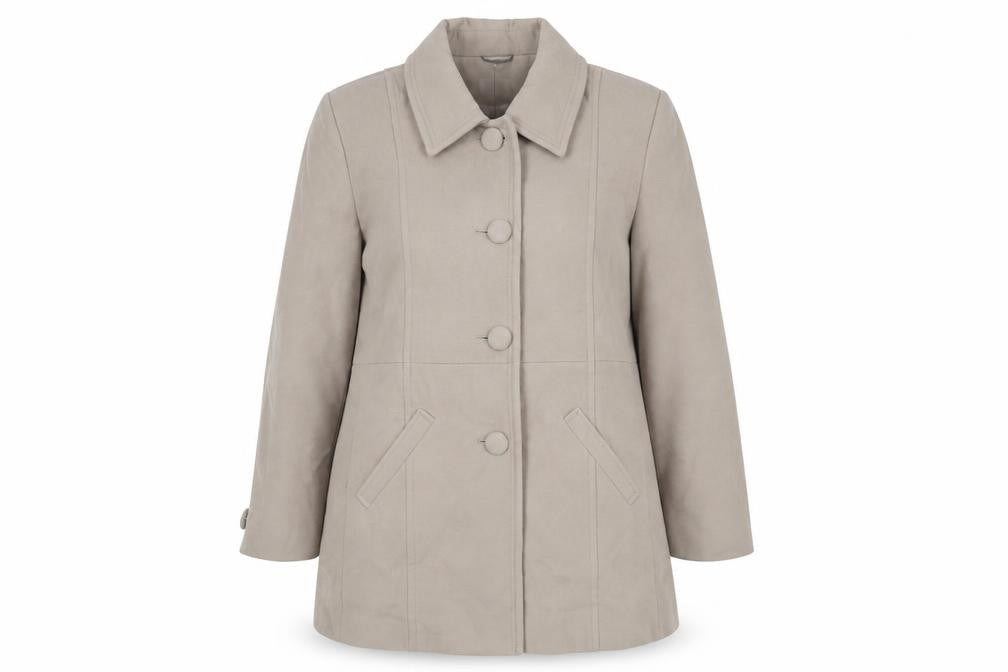 Front view of Damart women’s beige pea coat coat, size UK 26, button