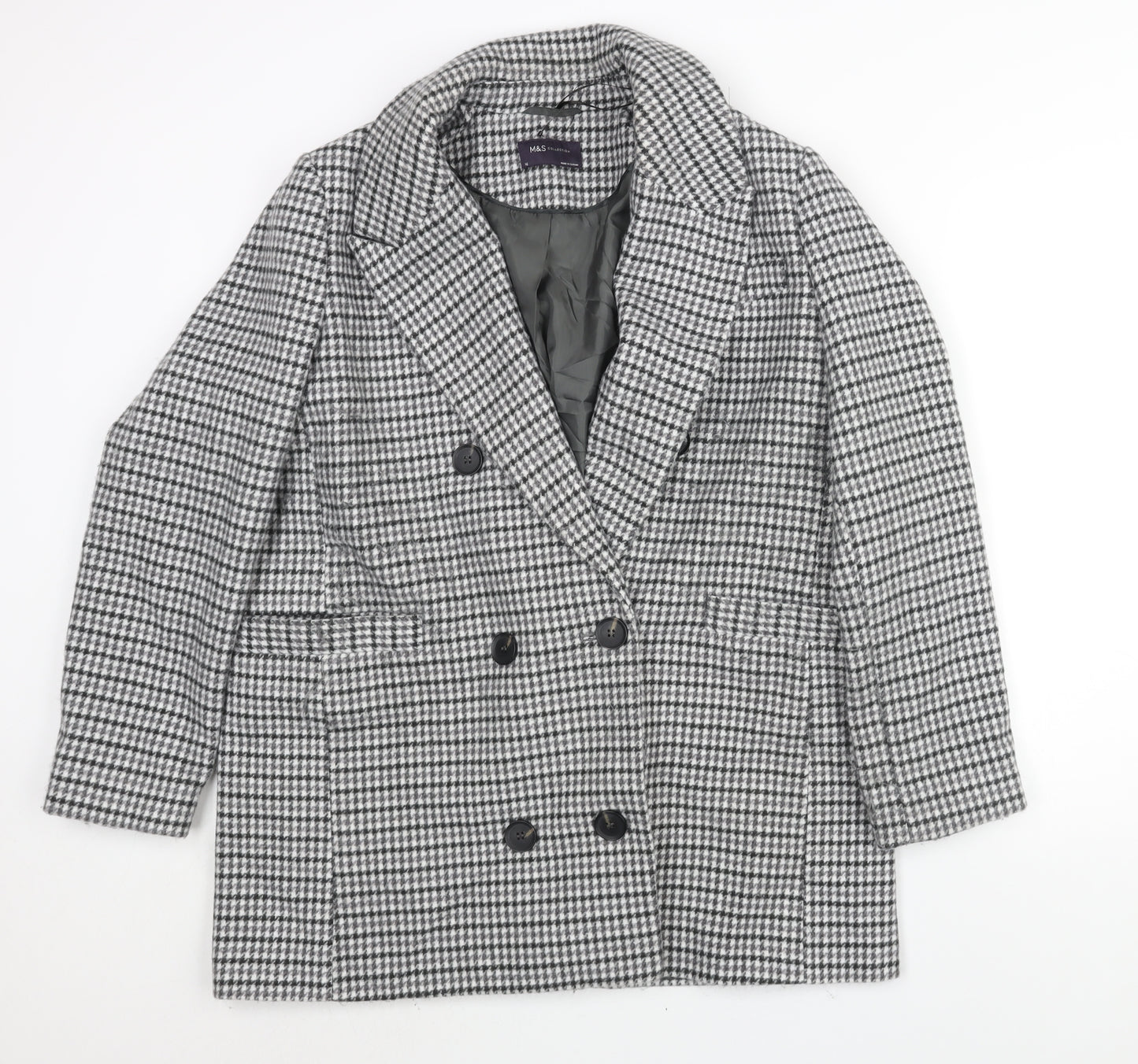 Marks and Womens Grey Check Pea Coat Coat Size 16 Button - Houndstooth Double Breasted