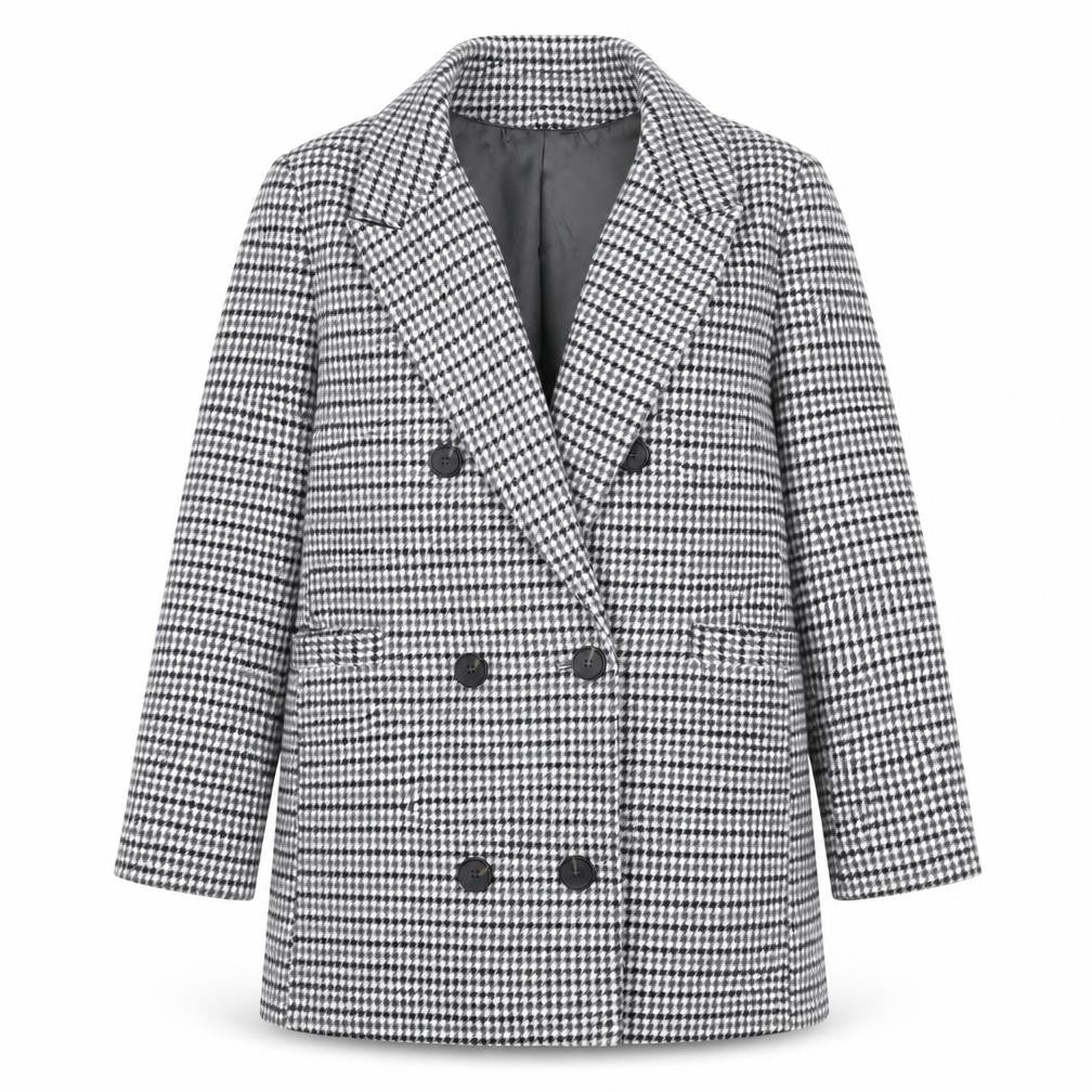 Front view of Marks & Spencer women’s grey check pea coat coat, size UK 16, button - houndstooth double breasted