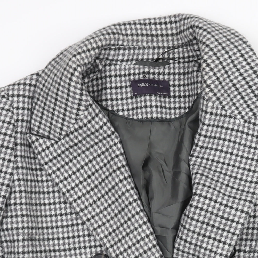 Marks and Womens Grey Check Pea Coat Coat Size 16 Button - Houndstooth Double Breasted