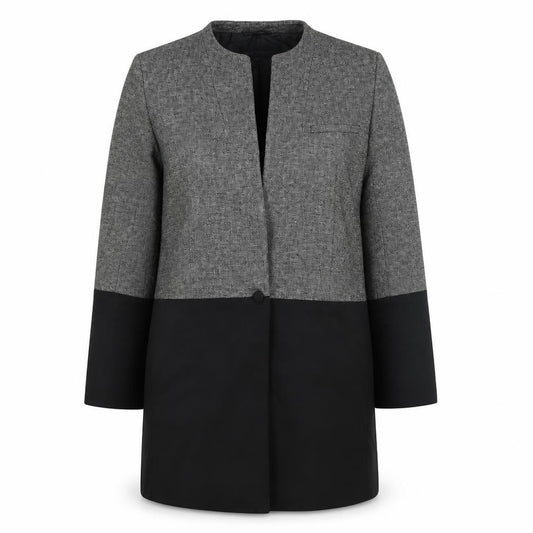 Front view of French Connection women’s grey overcoat coat, size UK 12, button - colourblock