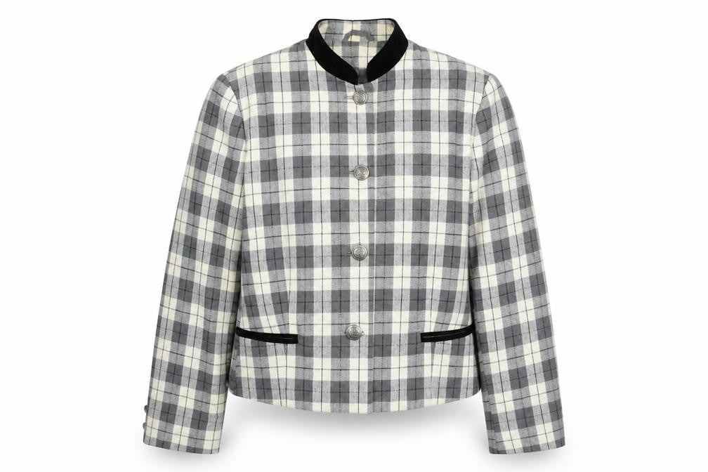Front view of First Avenue women’s grey check jacket, size UK 14, button - velvet collar