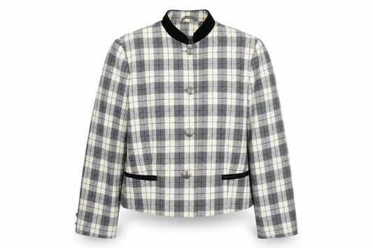 Front view of First Avenue women’s grey check jacket, size UK 14, button - velvet collar