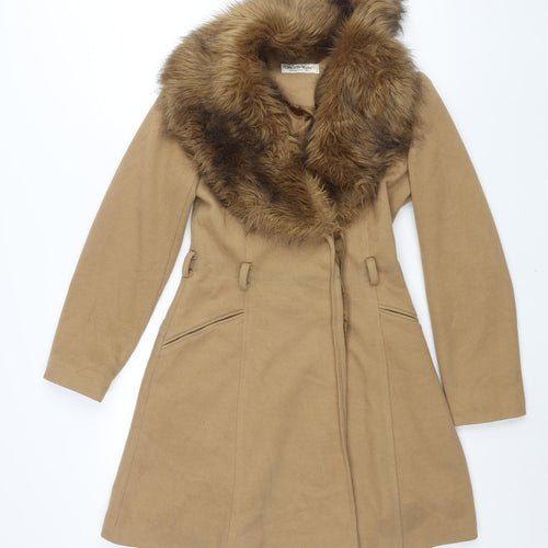 Miss Selfridge Womens Brown Overcoat Coat Size 8 Button - Faux Fur Collar