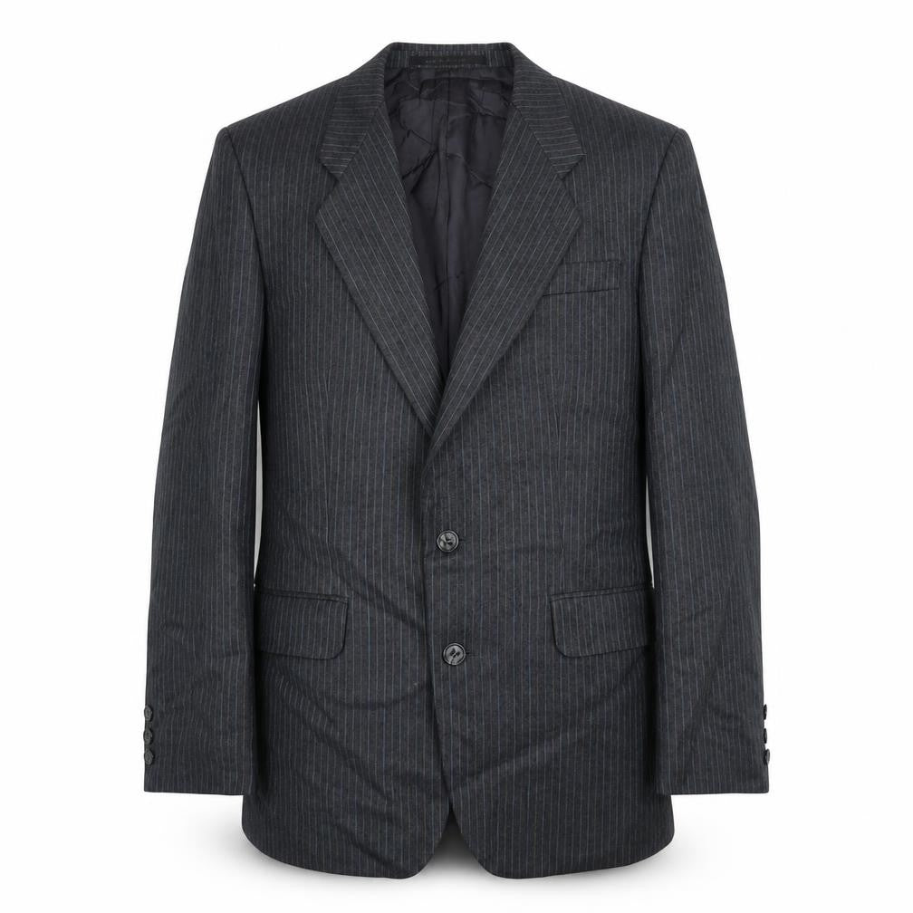 Front view of Neil Price men’s grey striped wool jacket suit jacket, size 38, regular