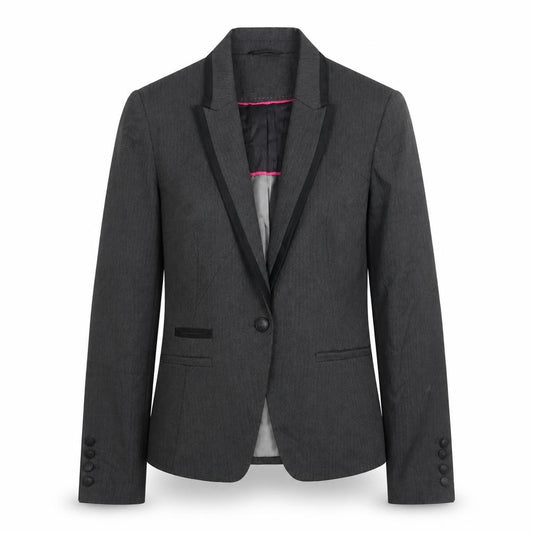 Front view of Next women’s grey herringbone polyester jacket suit jacket, size UK 12, - satin detail