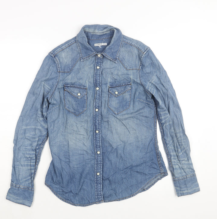 Gap Womens Blue Cotton Basic Button-Up Size XS Collared - Distressed
