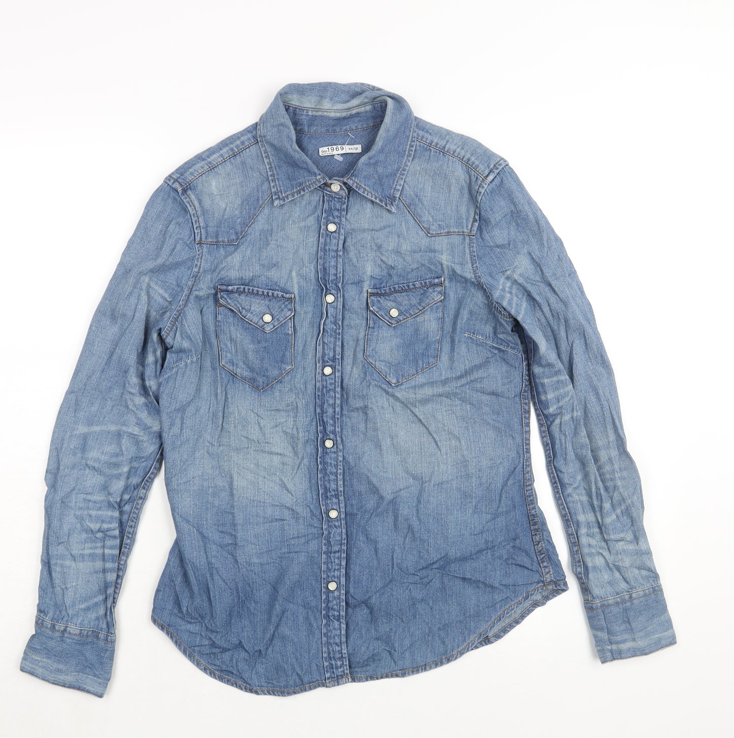 Gap Womens Blue Cotton Basic Button-Up Size XS Collared - Distressed