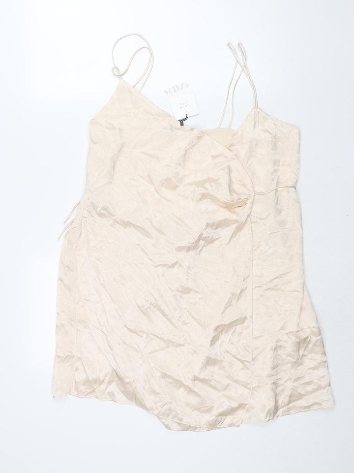 Zara Womens Ivory Viscose Wrap Dress Size 2XL V-Neck Tie