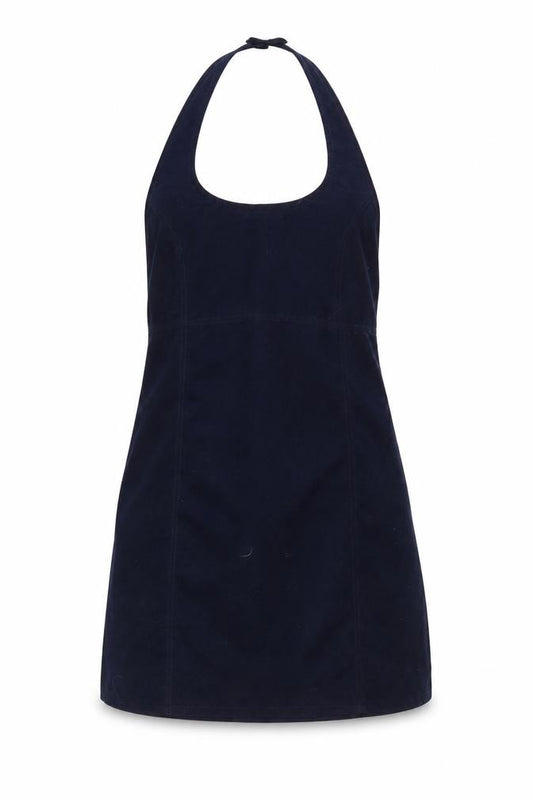Front view of Topshop women’s blue polyimide pinafore/dungaree dress, size UK 12, halter zip
