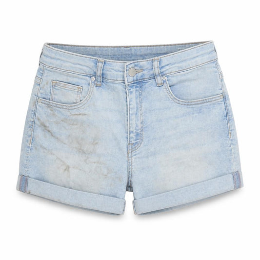 Front view of H&M women’s blue houndstooth cotton boyfriend shorts, size UK 8, regular zip
