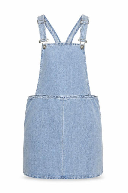 Front view of Topshop women’s blue cotton pinafore/dungaree dress, size UK 10, square neck zip - adjustable straps