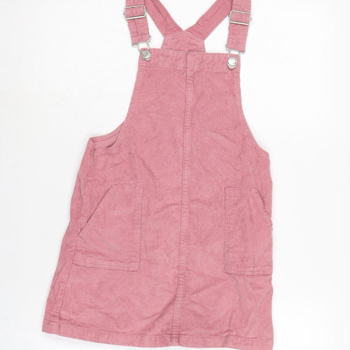 H&M Girls Pink Cotton Pinafore/Dungaree Dress Size 7-8 Years Square Neck Pullover - Adjustable Straps