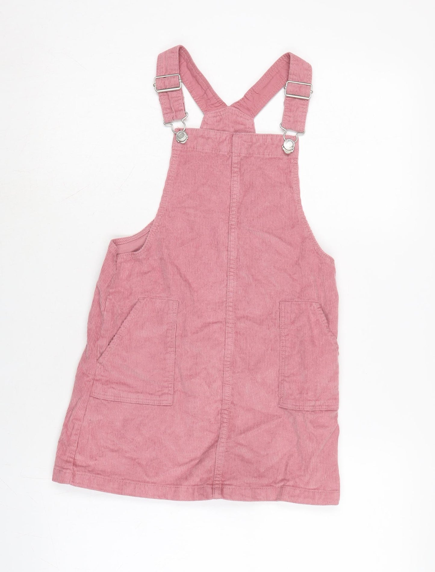 H&M Girls Pink Cotton Pinafore/Dungaree Dress Size 7-8 Years Square Neck Pullover - Adjustable Straps