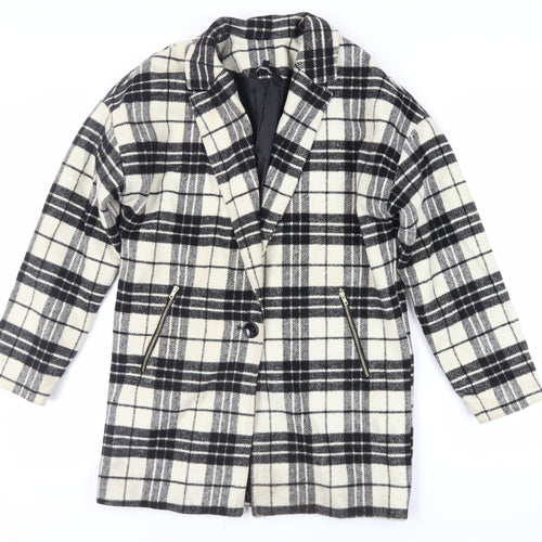 New Look Girls Black Plaid Overcoat Coat Size 14-15 Years Button