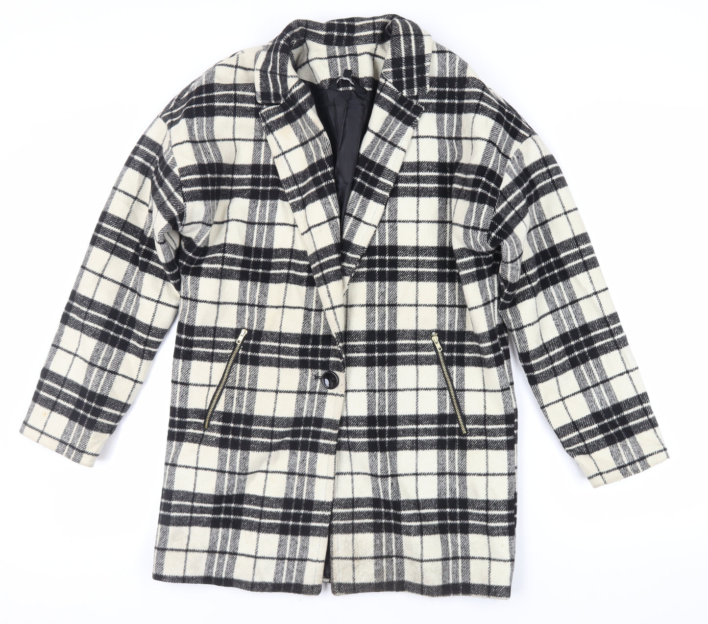 New Look Girls Black Plaid Overcoat Coat Size 14-15 Years Button