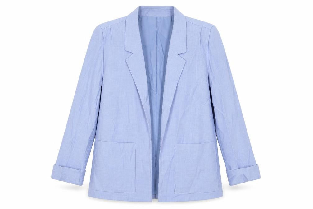 Front view of Miss Smith women’s blue jacket blazer, size UK 12, - open