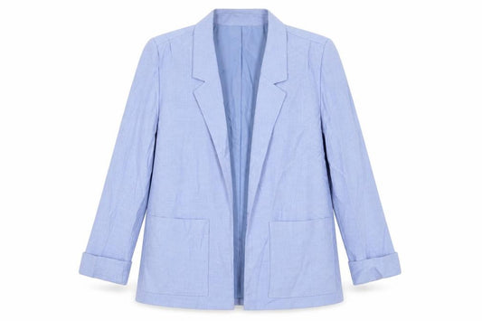 Front view of Miss Smith women’s blue jacket blazer, size UK 12, - open