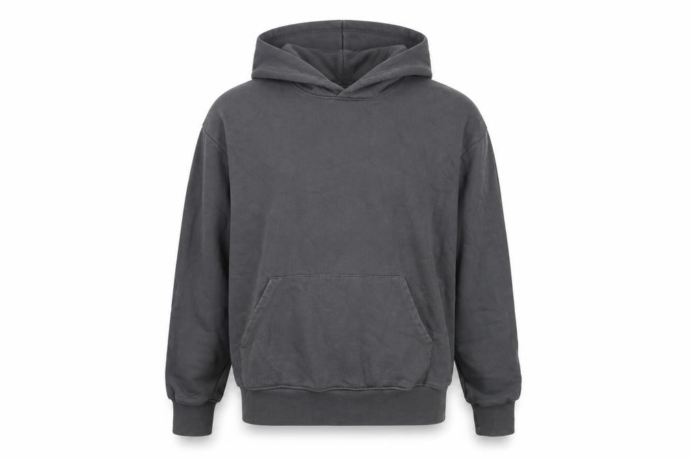 Front view of ASOS men’s grey cotton pullover hoodie, size M, - pockets