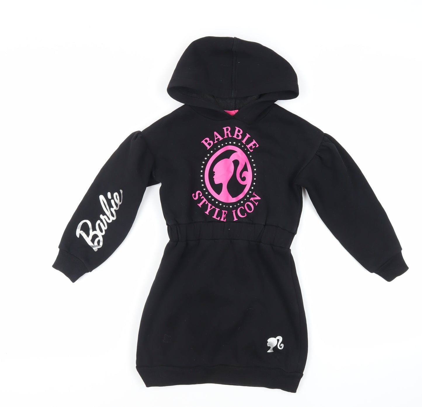 Barbie Girls Black Cotton Jumper Dress Size 5-6 Years Round Neck Pullover - Hooded