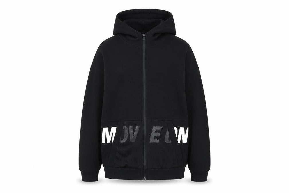 Front view of RESERVED boys’ black polyester full zip hoodie, size 13-14, years zip