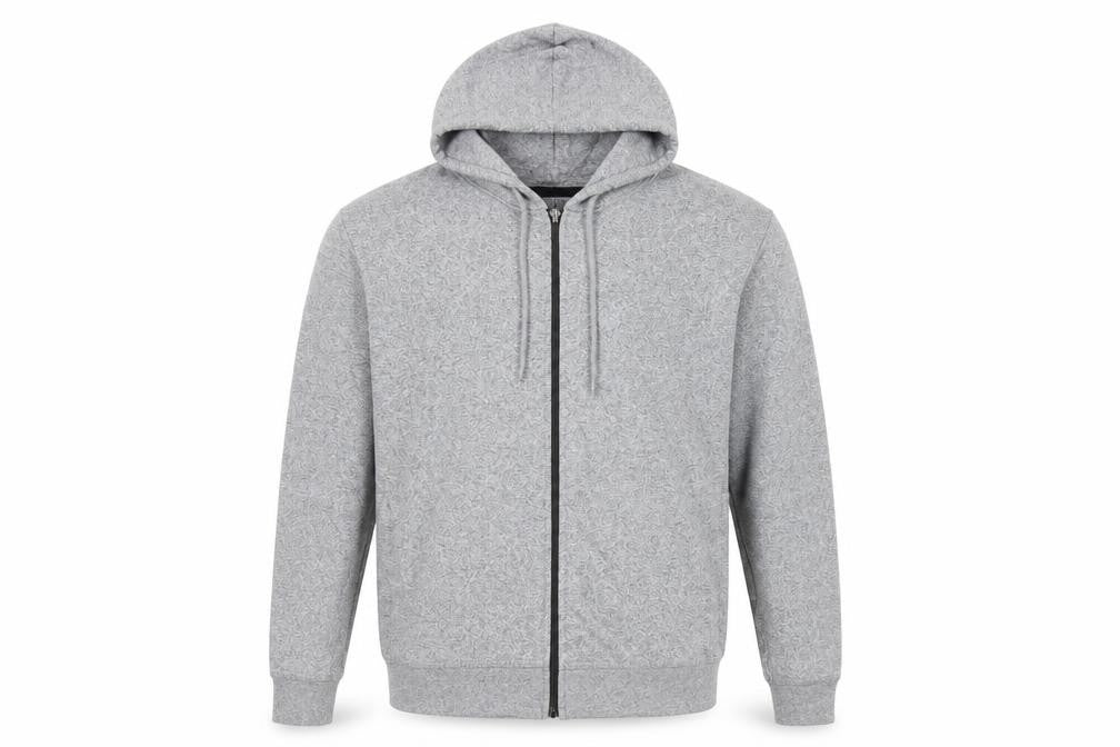 Front view of Max men’s grey cotton full zip hoodie, size M