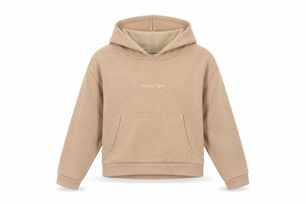 Front view of Pakuten women’s beige cotton pullover hoodie, size M, pullover - pockets