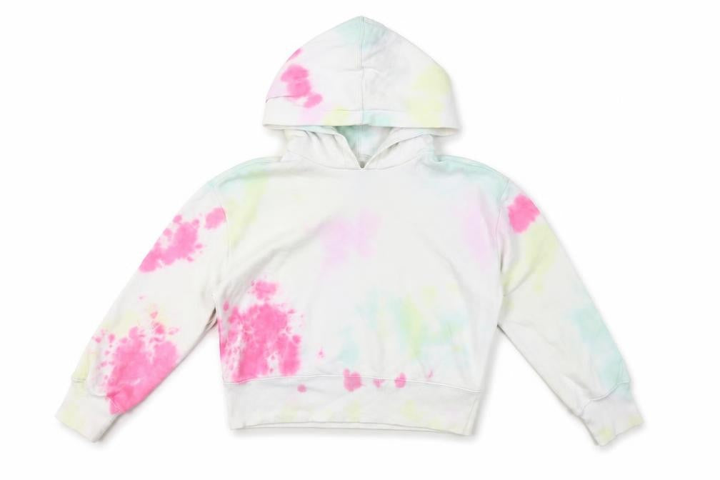 Front view of Gap girls’ white cotton pullover hoodie, size 10, years pullover - tie dye
