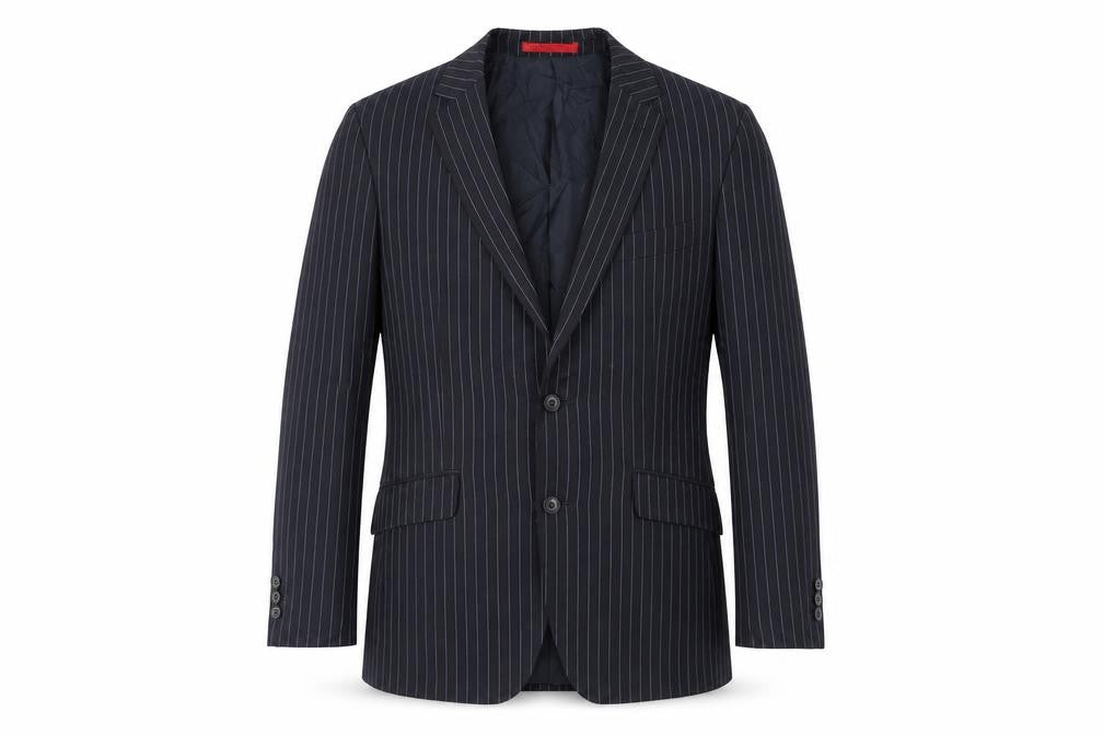 Front view of Burton men’s black striped polyester jacket suit jacket, size 38, regular