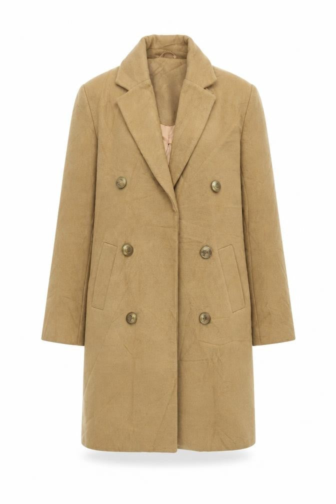 Front view of Boohoo women’s beige overcoat coat, size UK 8, button