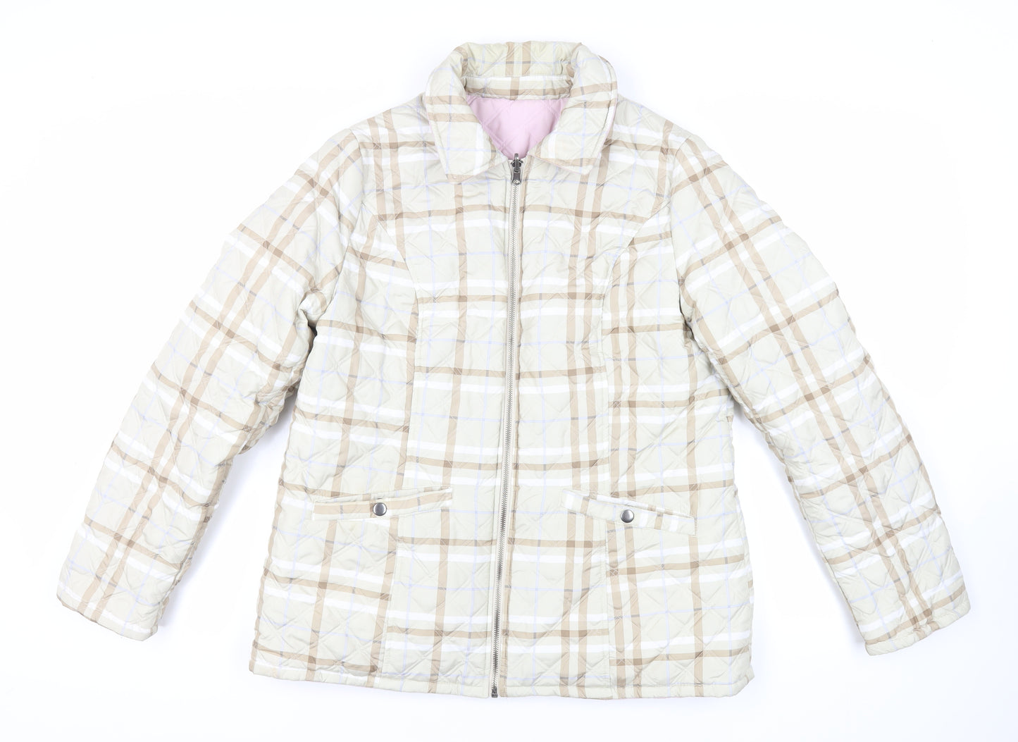 Damart Womens Beige Plaid Quilted Jacket Size 14 Zip - Reversible
