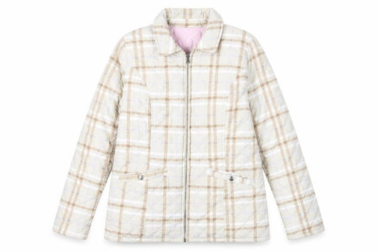 Front view of Damart women’s beige plaid quilted jacket, size UK 14, zip - reversible