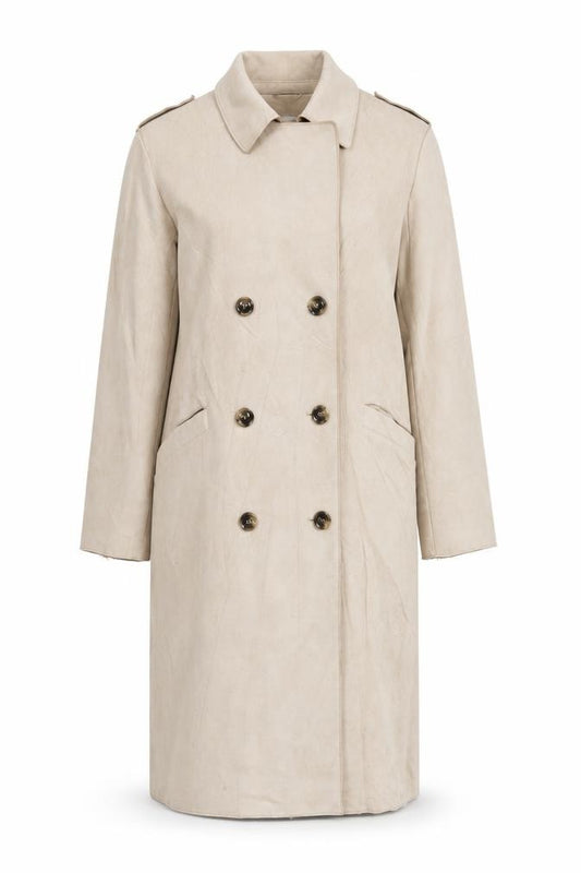 Front view of New Look women’s beige overcoat coat, size UK 16, button - suede effect