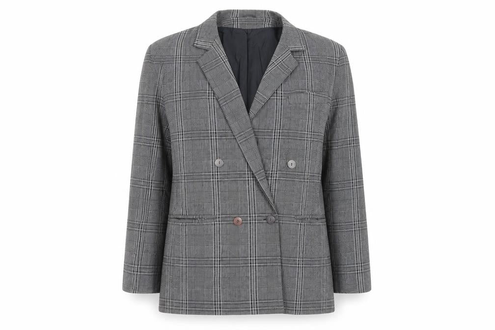 Front view of Expressions women’s grey plaid jacket blazer, size UK 12, button - vintage