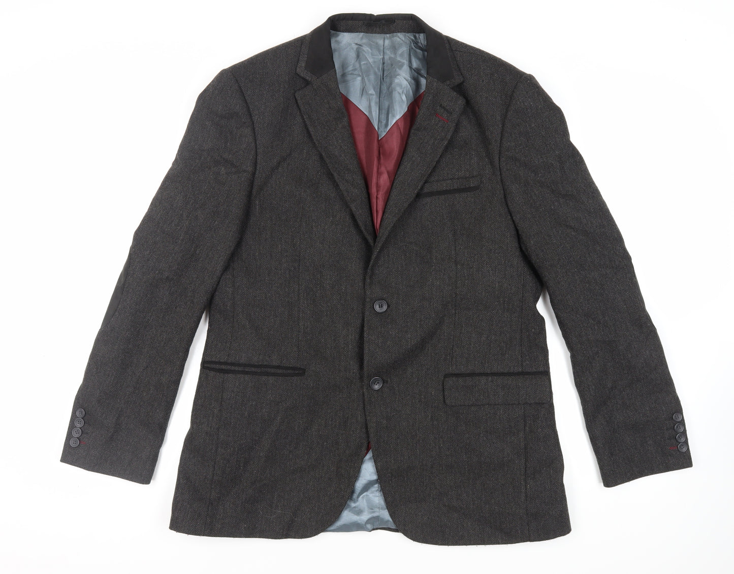 Steel & Jelly Mens Grey Herringbone Wool Tuxedo Blazer Size 44 Regular