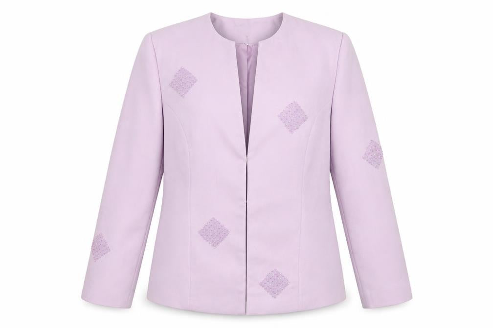 Front view of Classics women’s purple jacket blazer, size UK 12, hook & eye - embellished