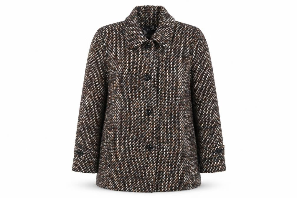 Front view of EWM women’s brown pea coat coat, size L, button