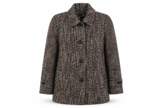 Front view of EWM women’s brown pea coat coat, size L, button