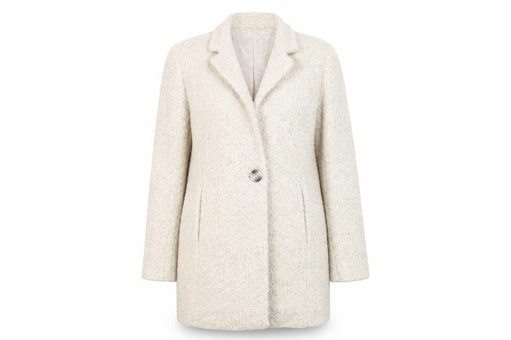 Front view of Yessica women’s beige overcoat coat, size UK 10, button