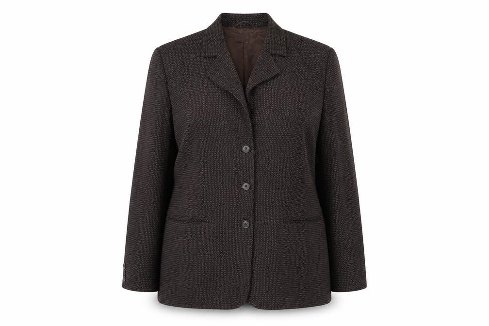 Front view of Dinomoda women’s brown geometric jacket blazer, size UK 16, button