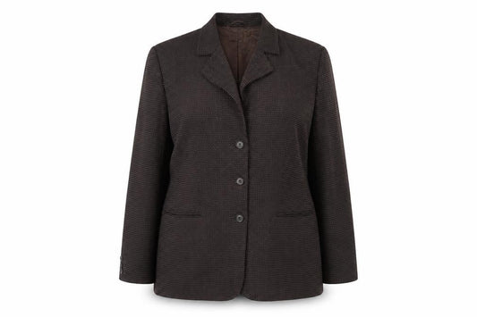 Front view of Dinomoda women’s brown geometric jacket blazer, size UK 16, button